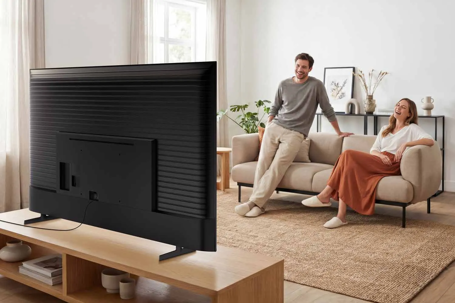 Deux personnes sont assises sur un canapé, souriantes, et regardent un grand téléviseur SAMSUNG TU50M74H dans un salon lumineux et moderne.