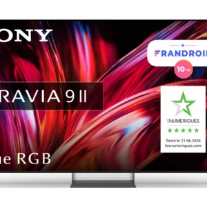 Découvrez toute la splendeur du téléviseur SONY K-65XR95M2 True RGB, mis en valeur par un fond abstrait aux couleurs éclatantes, compatible avec Android 10 et ayant obtenu une note exceptionnelle de 5 étoiles sur Les Numériques. Plongez dans une clarté réaliste et des couleurs éclatantes grâce à sa technologie True RGB.