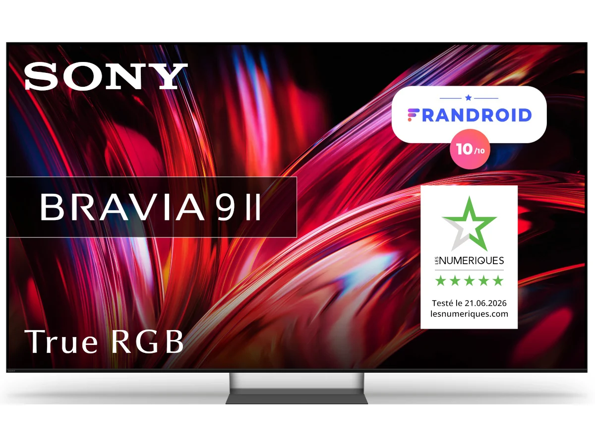 Découvrez toute la splendeur du téléviseur SONY K-65XR95M2 True RGB, mis en valeur par un fond abstrait aux couleurs éclatantes, compatible avec Android 10 et ayant obtenu une note exceptionnelle de 5 étoiles sur Les Numériques. Plongez dans une clarté réaliste et des couleurs éclatantes grâce à sa technologie True RGB.