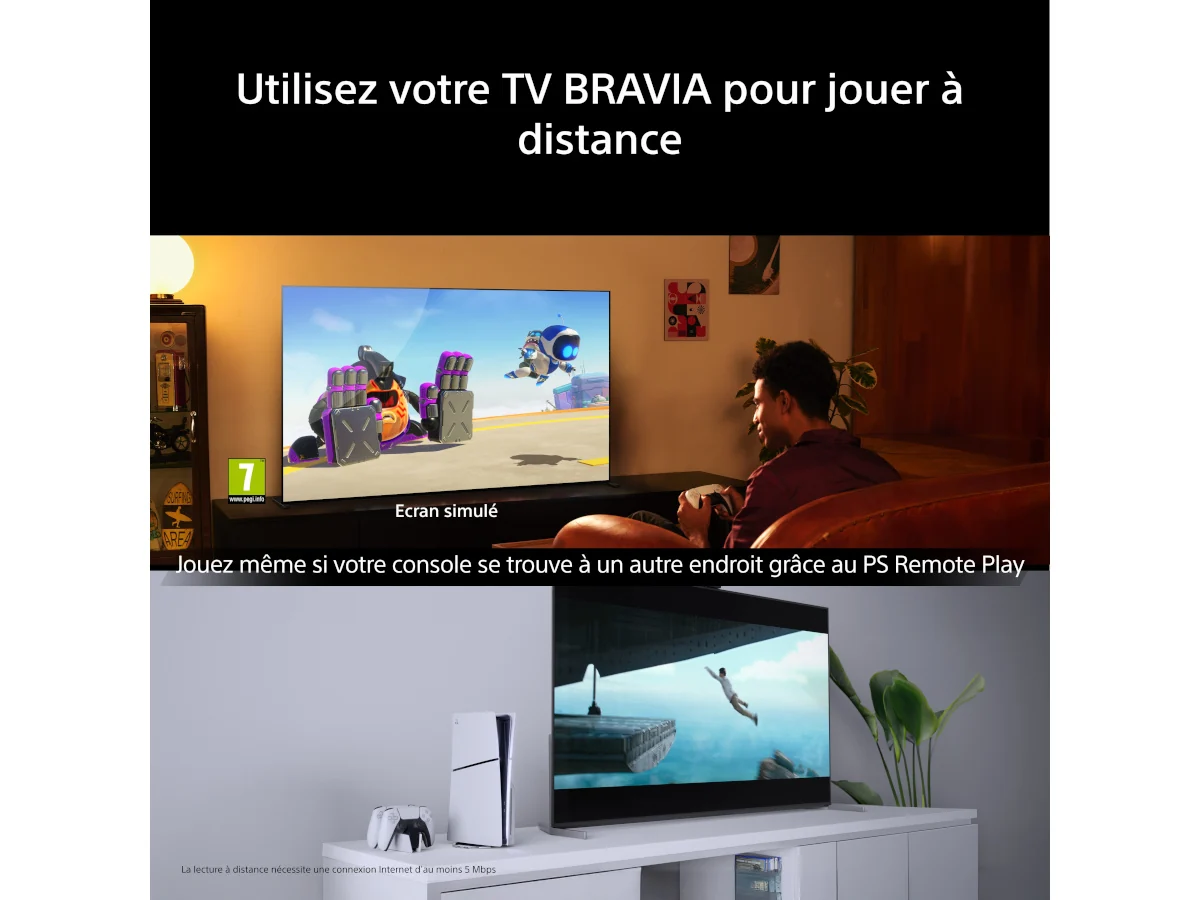 Dans le salon, un homme joue à un jeu de course sur le téléviseur SONY K-65XR95M2 True RGB, appréciant ses images éclatantes ; pendant ce temps, un autre jeu est diffusé sur un téléviseur SONY K-65XR95M2 True RGB situé à proximité, à côté duquel se trouve une PlayStation 5.