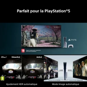 Écran de télévision équipé d'une PlayStation 5, affichant des scènes de jeu dynamiques et indiquant clairement si les paramètres HDR et le mode jeu sont activés ou désactivés, le tout présenté sur l'impressionnant SONY K-65XR95M2 True RGB. Profitez d'une expérience de jeu immersive avec des images éclatantes grâce à sa technologie de couleurs True RGB.