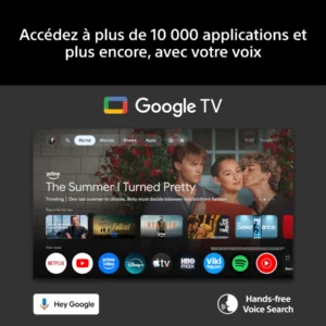 Découvrez le téléviseur haut de gamme SONY K-65XR95M2 True RGB, doté d'une interface Google TV comprenant des icônes d'applications, une icône de recherche vocale et des messages en français vous invitant à utiliser la commande vocale pour accéder à plus de 10 000 applications. Profitez d'une expérience visuelle exceptionnelle grâce à des images éclatantes rendues possibles par la technologie True RGB.