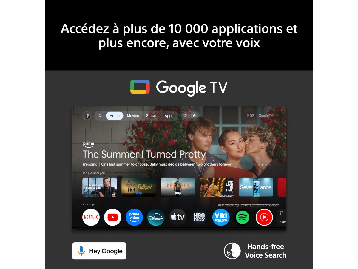 Découvrez le téléviseur haut de gamme SONY K-65XR95M2 True RGB, doté d'une interface Google TV comprenant des icônes d'applications, une icône de recherche vocale et des messages en français vous invitant à utiliser la commande vocale pour accéder à plus de 10 000 applications. Profitez d'une expérience visuelle exceptionnelle grâce à des images éclatantes rendues possibles par la technologie True RGB.