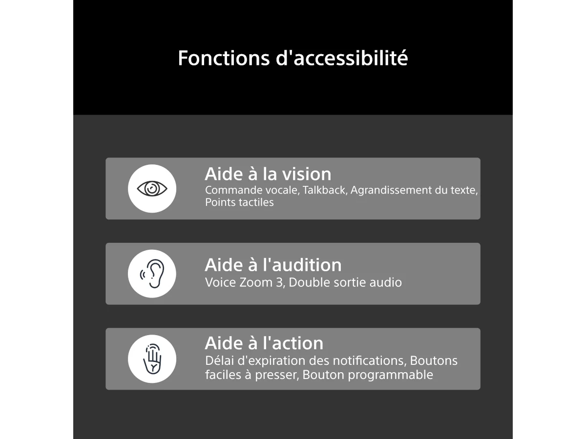 Les fonctionnalités d'accessibilité — telles que les options d'aide à la vue, à l'audition et à la mobilité — sont présentées en français et accompagnées d'icônes correspondantes afin de faciliter la navigation sur votre téléviseur SONY K-65XR95M2 True RGB, qui intègre la technologie d'affichage avancée True RGB.