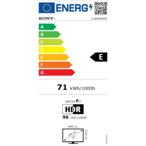 Le téléviseur SONY K-65XR95M2 True RGB affiche une classe énergétique « E » avec une consommation de 71 kWh/1 000 h. Il intègre la technologie True RGB, prend en charge le HDR et offre une résolution impressionnante de 3 840 x 2 160 pixels sur un grand écran de 164 cm (65 pouces), avec l'icône énergétique de l'UE clairement affichée.