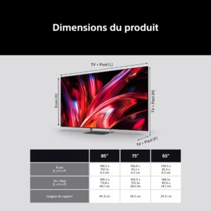 Un tableau présente trois tailles de téléviseurs avec leurs dimensions en centimètres, surmonté d'une image colorée du téléviseur SONY K-65XR95M2 True RGB.
