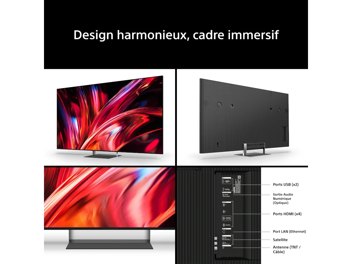 Quatre vues du téléviseur SONY K-65XR95M2 True RGB mettent en avant sa face avant, son dos, ses côtés et ses ports d'entrée identifiés. Profitez d'une clarté d'image exceptionnelle sous tous les angles grâce à la technologie avancée True RGB.