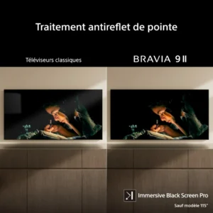 À gauche : reflets sur un écran de télévision. À droite : image nette sur le SONY K-65XR95M2 True RGB, doté d'une technologie antireflet et d'un affichage True RGB aux couleurs éclatantes.