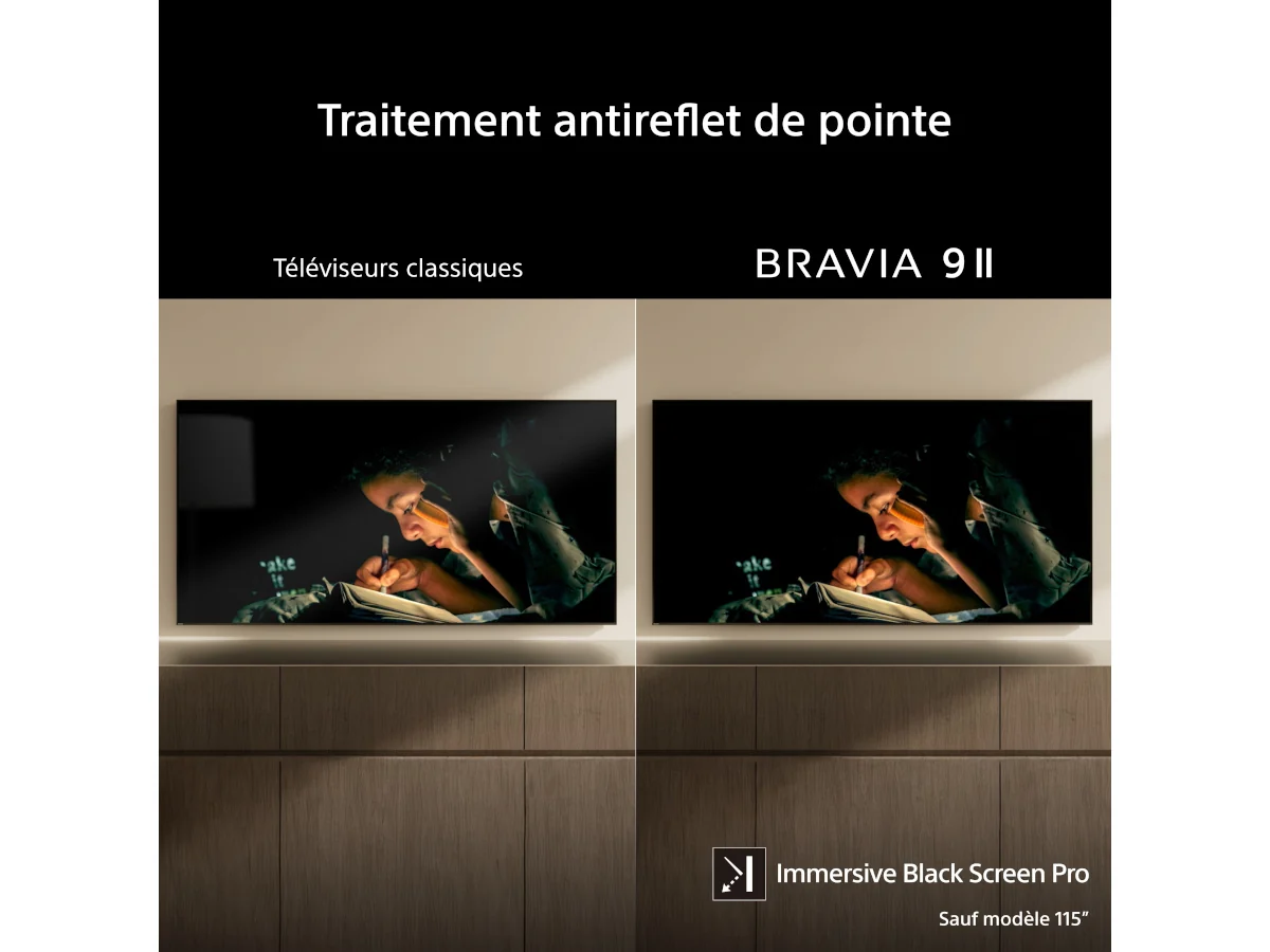 À gauche : reflets sur un écran de télévision. À droite : image nette sur le SONY K-65XR95M2 True RGB, doté d'une technologie antireflet et d'un affichage True RGB aux couleurs éclatantes.