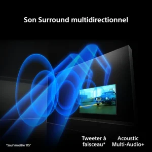 Le téléviseur SONY K-65XR95M2 True RGB affiche des ondes sonores bleues rayonnant vers l'extérieur, mettant en avant ses capacités de son surround multidirectionnel et la clarté éclatante offerte par sa technologie avancée True RGB.