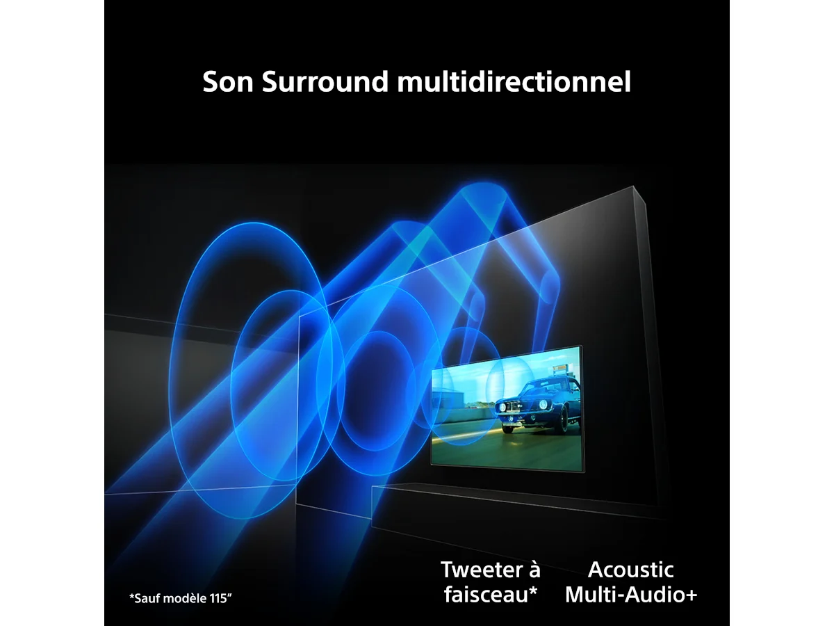 Le téléviseur SONY K-65XR95M2 True RGB affiche des ondes sonores bleues rayonnant vers l'extérieur, mettant en avant ses capacités de son surround multidirectionnel et la clarté éclatante offerte par sa technologie avancée True RGB.