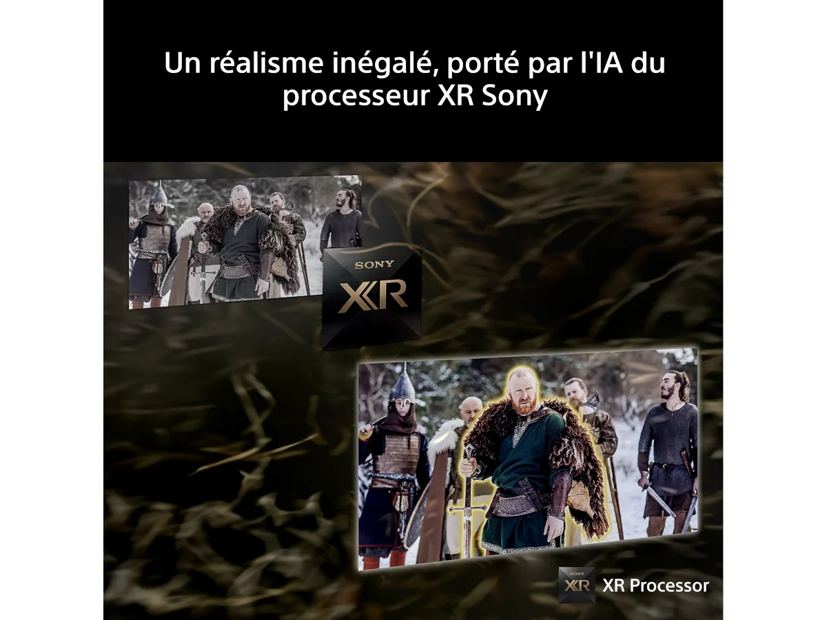 Deux images comparant la qualité d'affichage, représentant toutes deux des guerriers, permettent de mettre en évidence le réalisme accru et les véritables performances RVB offertes par le processeur XR du SONY K-65XR95M2 True RGB.