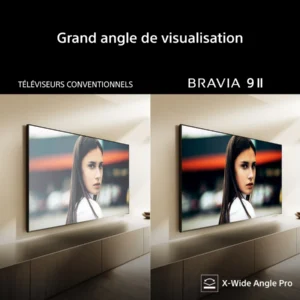 Une comparaison côte à côte de téléviseurs montre que le SONY K-65XR95M2 True RGB offre une image plus nette en vue latérale — représentant le visage d’une femme — qu’un téléviseur classique, grâce à sa technologie avancée True RGB.