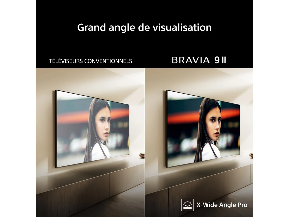 Une comparaison côte à côte de téléviseurs montre que le SONY K-65XR95M2 True RGB offre une image plus nette en vue latérale — représentant le visage d’une femme — qu’un téléviseur classique, grâce à sa technologie avancée True RGB.