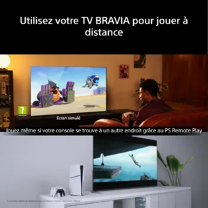 Une personne joue à un jeu de course sur la télévision du salon ; en dessous, un téléviseur SONY K-75XR95M2 True RGB diffuse un jeu immersif mettant en scène un plongeur.