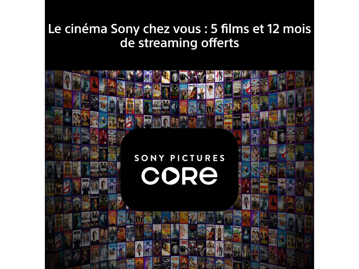 Le logo Sony Pictures Core resplendit aux côtés d'une sélection colorée d'affiches de films, accompagnées d'un texte en français mettant en avant 12 mois d'accès au streaming et 5 films inclus. Découvrez l'excellence cinématographique sur votre SONY K-75XR95M2 True RGB, qui offre une expérience visuelle inégalée grâce à une clarté RVB authentique.