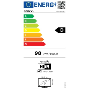 Le SONY K-75XR95M2 True RGB appartient à la classe d'efficacité énergétique D, avec une consommation de 98 kWh pour 1 000 heures (142 kWh pour 1 000 heures en mode HDR). Il est doté d'un écran True RGB de 215 cm avec une résolution de 3 840 x 2 160 pixels.