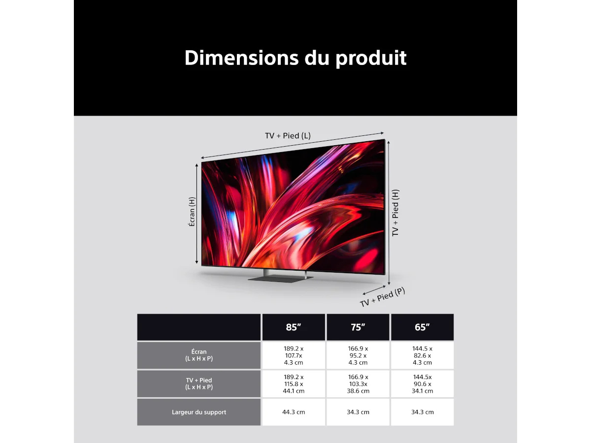 Tableau comparatif des tailles de téléviseurs français présentant les écrans de 55 pouces, 65 pouces et 75 pouces avec leurs dimensions et mesures, mettant en avant des modèles populaires tels que le SONY K-75XR95M2 True RGB. Comprend des informations détaillées sur les technologies d'affichage avancées telles que le True RGB, qui offre une qualité d'image éclatante, avec un accent particulier sur le modèle haut de gamme à grand écran : le SONY K-75XR95M2 True RGB.