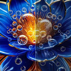 Une fleur d'un bleu éclatant, parsemée de bulles d'eau et fendue en deux pour révéler des nuances de couleur différentes de chaque côté, illustre la qualité d'affichage exceptionnelle du TCL 43P7L.