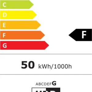 Étiquette énergétique du téléviseur TCL 43P7L, 43 pouces (108 cm de diagonale), classe énergétique F, consommation électrique : 50 kWh/1 000 h (SDR), 90 kWh/1 000 h (HDR), résolution 4K.