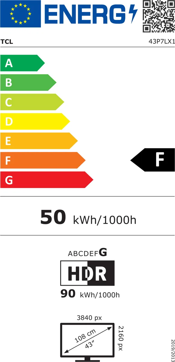 Étiquette énergétique du téléviseur TCL 43P7L, 43 pouces (108 cm de diagonale), classe énergétique F, consommation électrique : 50 kWh/1 000 h (SDR), 90 kWh/1 000 h (HDR), résolution 4K.