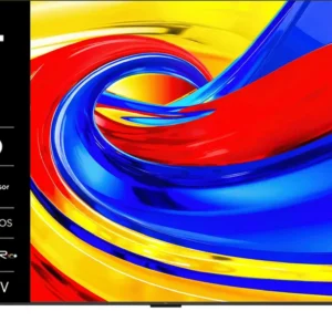 Écran du téléviseur QLED TCL 43P7L, présentant un motif tourbillonnant aux couleurs vives (rouge, bleu et jaune) avec des icônes de fonctionnalités à gauche.