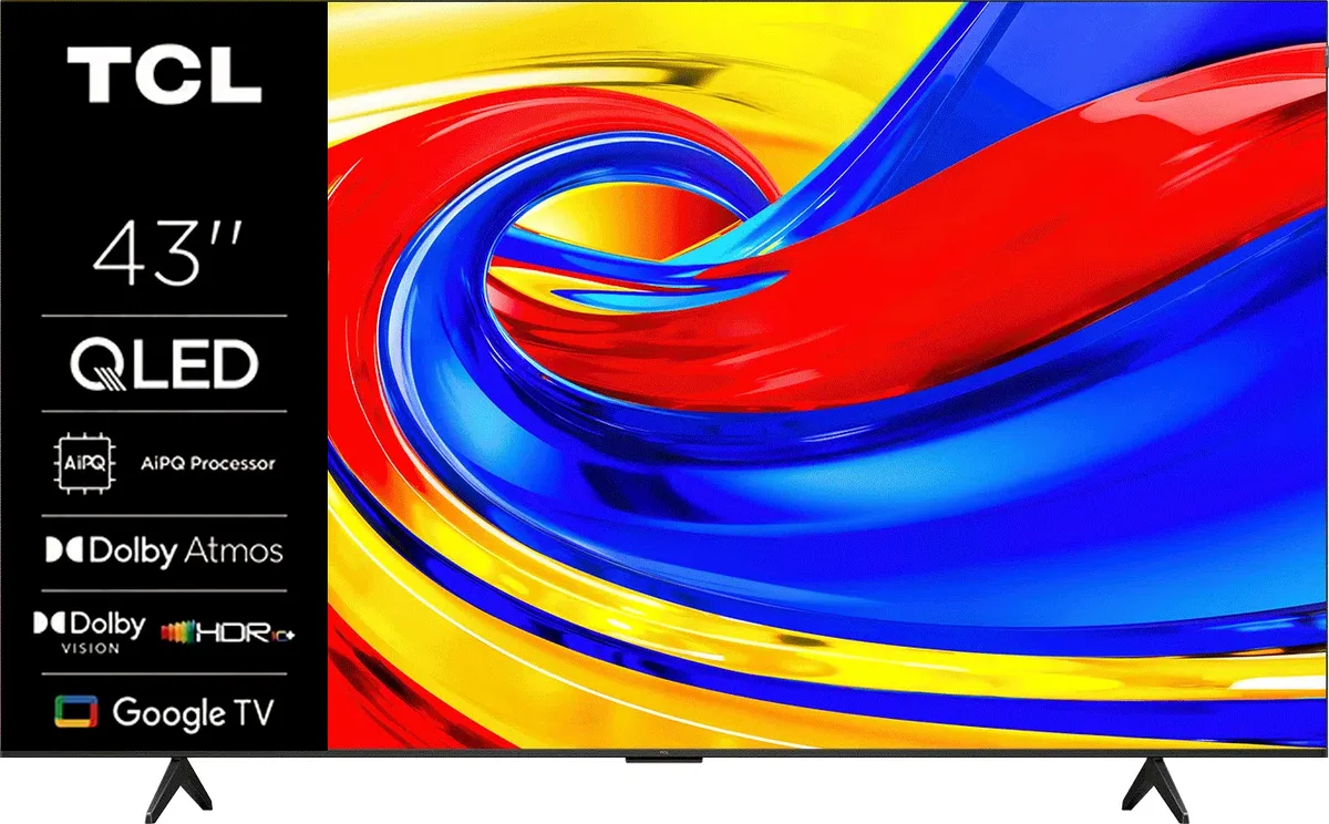 Écran du téléviseur QLED TCL 43P7L, présentant un motif tourbillonnant aux couleurs vives (rouge, bleu et jaune) avec des icônes de fonctionnalités à gauche.