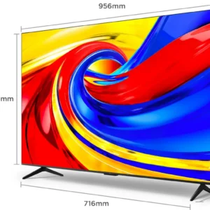 Téléviseur à écran plat TCL 43P7L, doté d'un motif abstrait coloré, mesurant 956 mm de large, 600 mm de haut et 72 mm d'épaisseur.