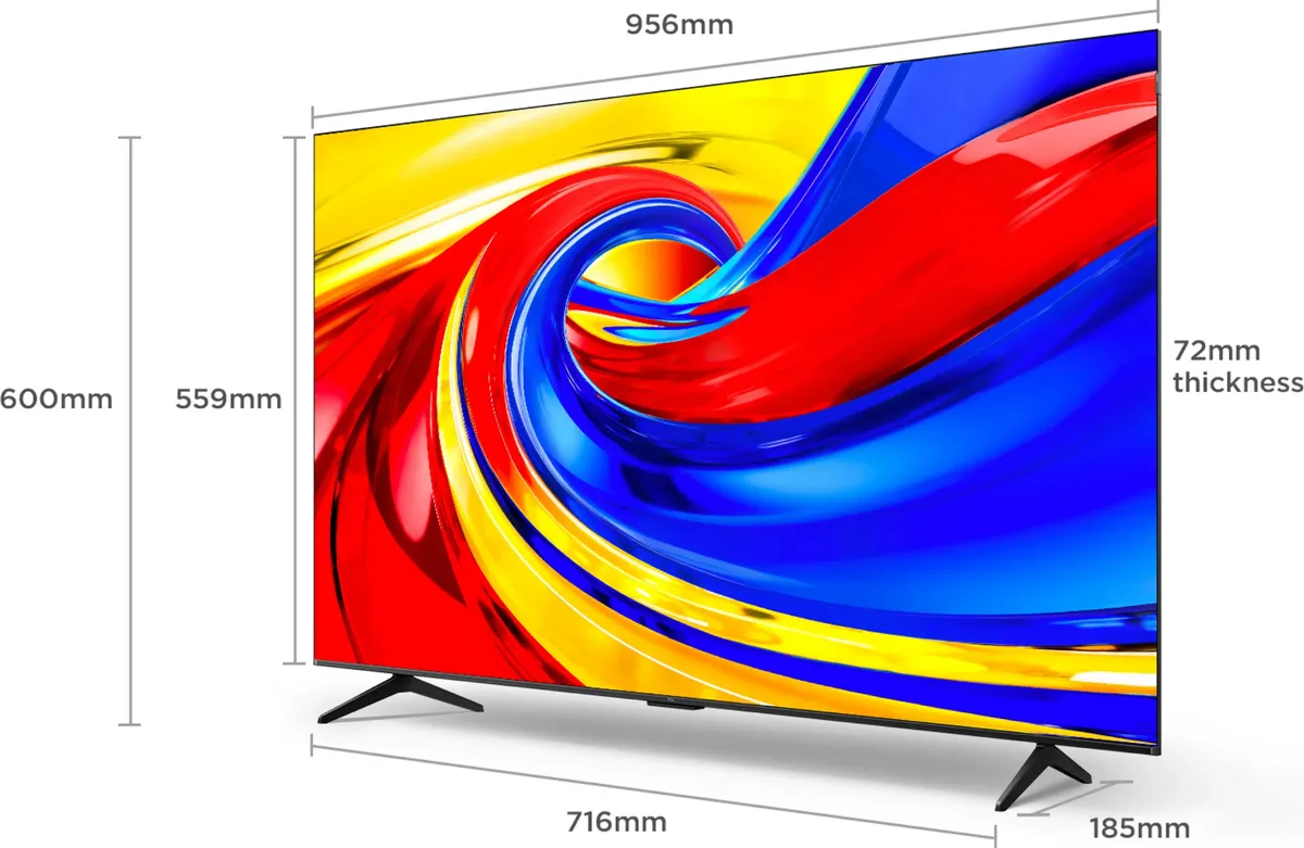 Téléviseur à écran plat TCL 43P7L, doté d'un motif abstrait coloré, mesurant 956 mm de large, 600 mm de haut et 72 mm d'épaisseur.