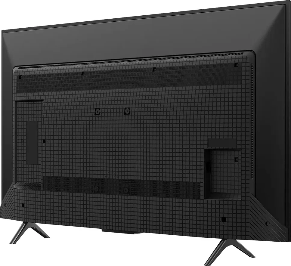 Vue arrière du téléviseur à écran plat TCL 43P7L, caractérisé par un motif en forme de grille et deux pieds inclinés de chaque côté.