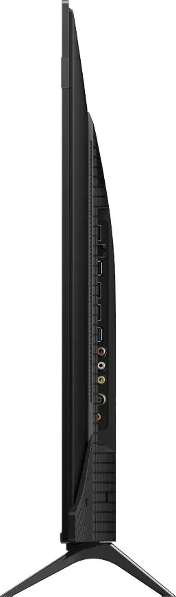 Vue de profil du téléviseur à écran plat et fin TCL 43P7L, montrant ses ports et connecteurs situés sur le panneau arrière.