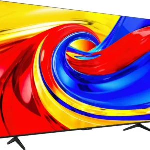 Un téléviseur à écran plat TCL 50P7L affiche à l'écran des motifs abstraits tourbillonnants aux couleurs vives : rouge, bleu et jaune.