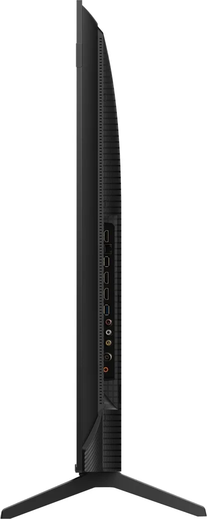 Vue de profil du téléviseur à écran plat ultrafin TCL 50P7L, montrant ses ports et ses entrées, posé sur un socle en forme de V.