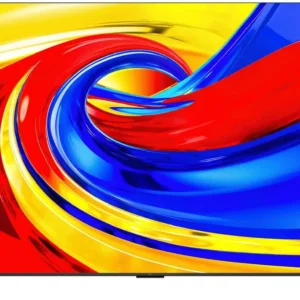Le téléviseur à écran plat TCL 50P7L affiche un tourbillon abstrait aux couleurs vives, mêlant le rouge, le jaune et le bleu.