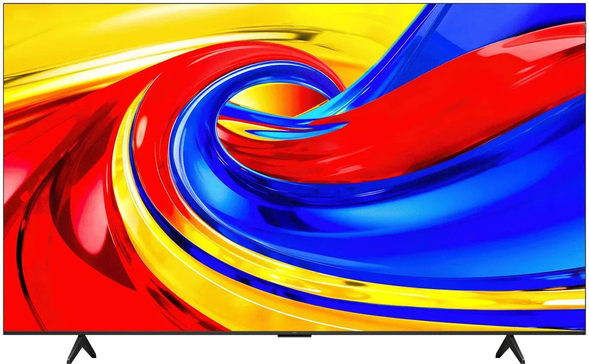 Le téléviseur à écran plat TCL 50P7L affiche un tourbillon abstrait aux couleurs vives, mêlant le rouge, le jaune et le bleu.