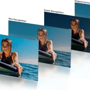 Une femme faisant du surf, présentée en quatre étapes — comprenant l'optimisation des couleurs, de la peau et de la scène, ainsi que l'image originale — sur le TCL 50P7L.