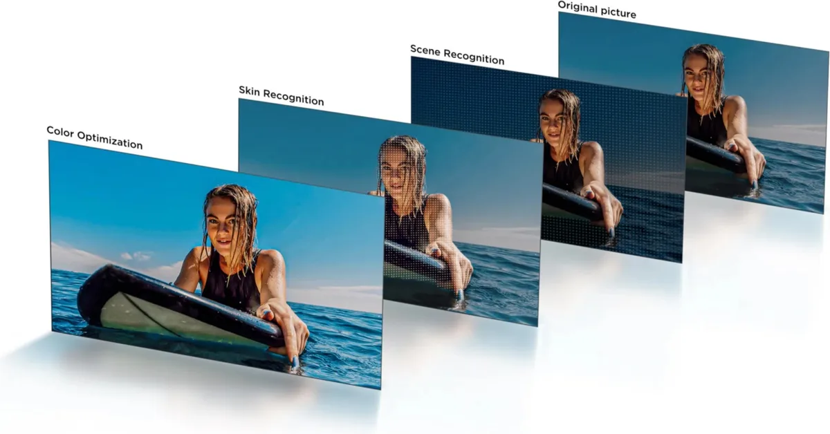 Une femme faisant du surf, présentée en quatre étapes — comprenant l'optimisation des couleurs, de la peau et de la scène, ainsi que l'image originale — sur le TCL 50P7L.