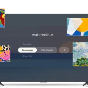 Un écran de télévision TCL 43P7L (Copie) affiche une œuvre d'art, entourée de tableaux colorés de style moderne et impressionniste sur fond blanc.