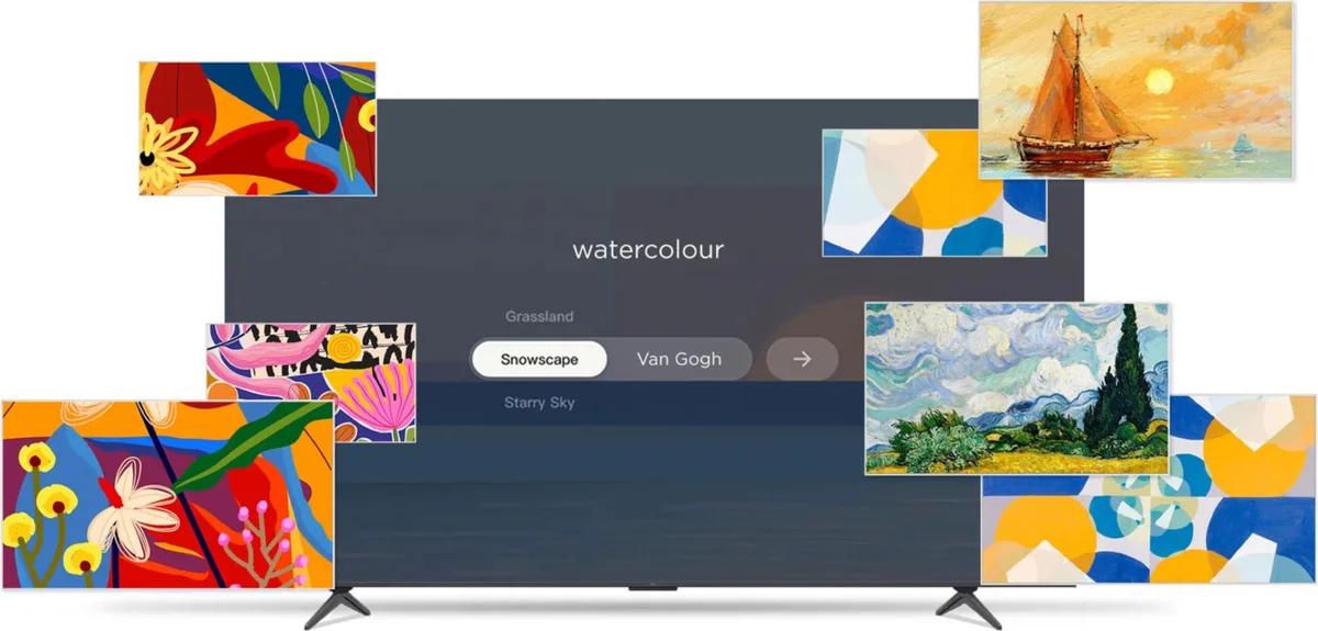Un écran de télévision TCL 43P7L (Copie) affiche une œuvre d'art, entourée de tableaux colorés de style moderne et impressionniste sur fond blanc.