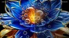 Un lotus bleu lumineux aux contours dorés, surmonté de bulles transparentes flottant au-dessus de son centre, qui rappelle les images éclatantes affichées sur un téléviseur TCL 43P7L (Copie).