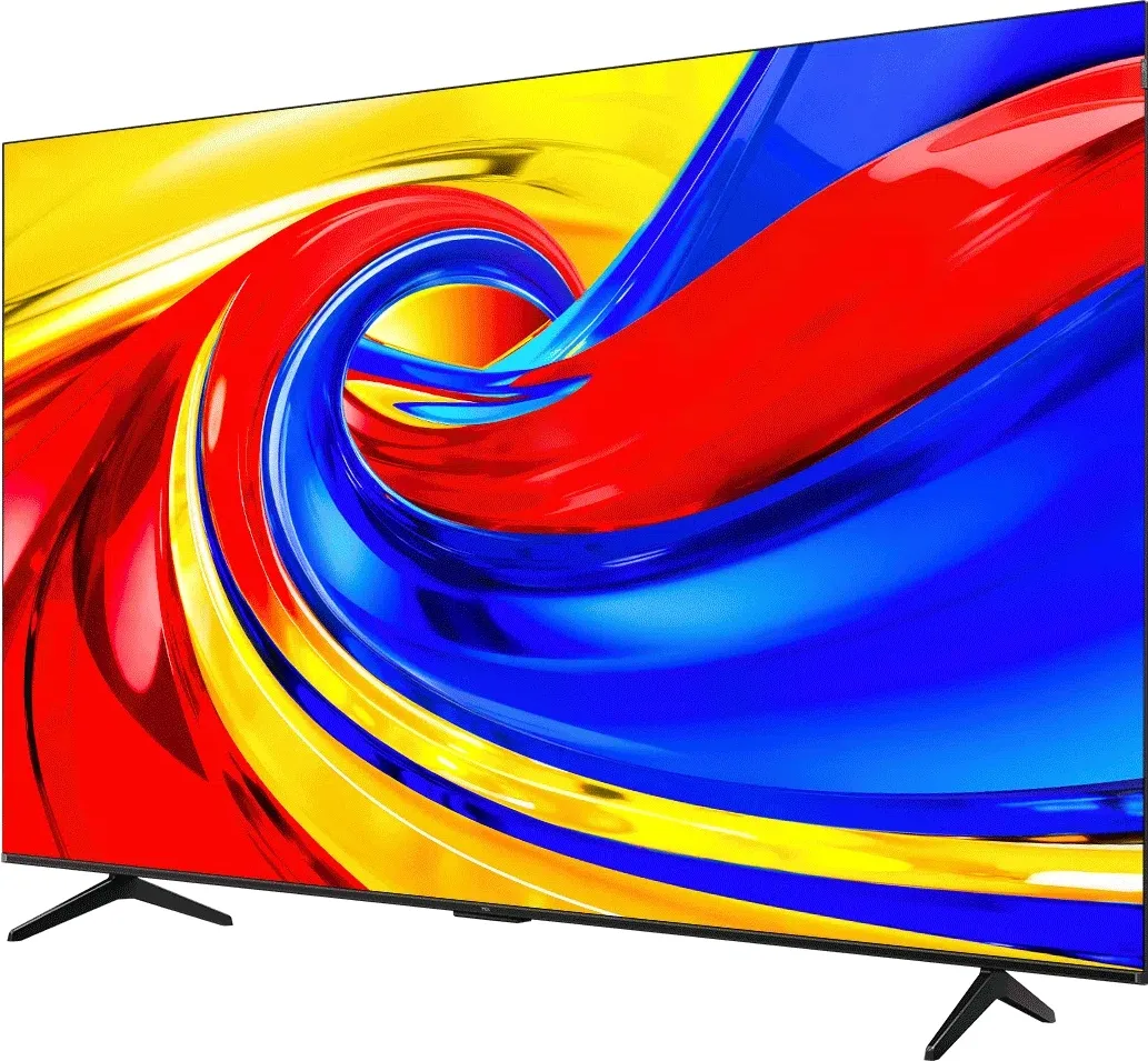 Téléviseur à écran plat TCL 50P7L affichant sur son écran des tourbillons aux couleurs vives de rouge, jaune et bleu, avec des pieds noirs.