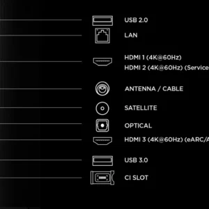 Les ports situés sur le panneau arrière du TCL 50P7L sont les suivants : USB 2.0, LAN, HDMI, antenne, satellite, sortie optique, USB 3.0 et emplacement CI.