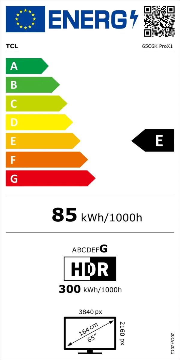 Étiquette énergétique du TCL 65C6K PRO : classe E, 85 kWh/1 000 h (SDR), 300 kWh/1 000 h (HDR), téléviseur connecté 4K HDR de 65 pouces.