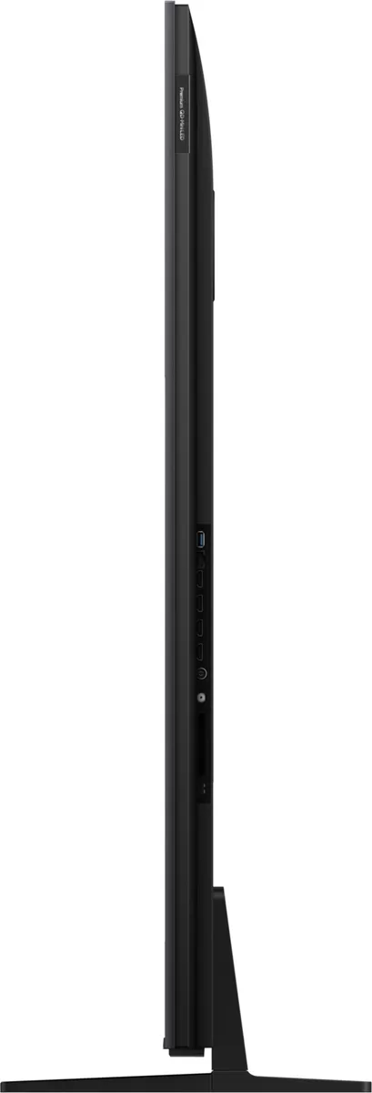 Vue de profil du TCL 65C6K PRO posé sur son socle, mettant en valeur son profil épuré et ses ports disponibles.