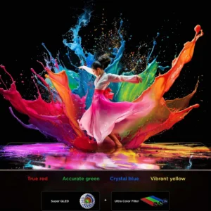 Une danseuse vêtue d'une robe rose s'élance au milieu de projections de peinture aux couleurs vives sur le fond noir intense du TCL 65C8L.