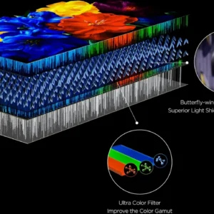 Vue éclatée de l'écran TCL 65C8L avec des légendes indiquant la microstructure en « ailes de papillon » et les couches de filtres de couleur.