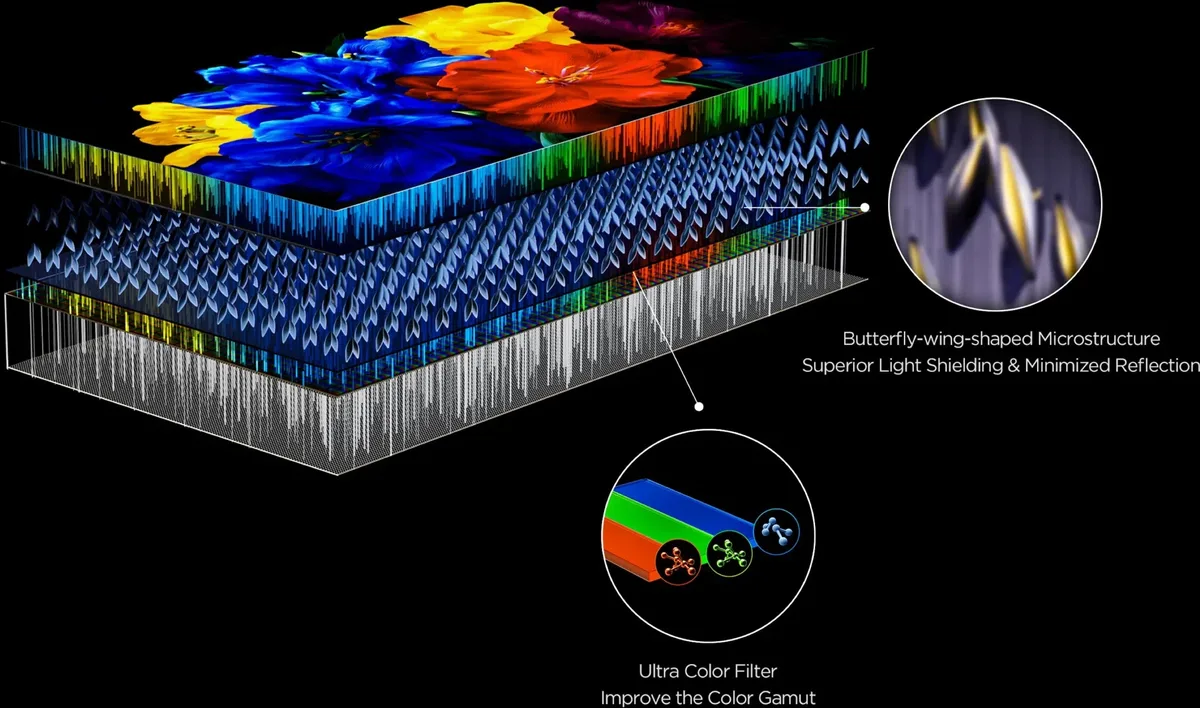 Vue éclatée de l'écran TCL 65C8L avec des légendes indiquant la microstructure en « ailes de papillon » et les couches de filtres de couleur.