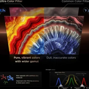 Comparaison entre les couleurs vives et ternes du TCL 65C8L équipé de son filtre « Ultra Color » et celles d’un filtre classique, démontrant une précision des couleurs supérieure.