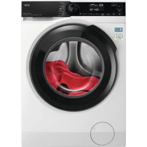 Vue de face du lave-linge AEG LFR731411V, doté d'une porte circulaire à l'intérieur de laquelle on aperçoit un vêtement rouge dans le tambour.