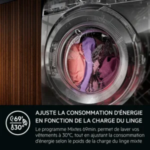 Une machine à laver à chargement frontal AEG LFR731411V remplie de vêtements colorés, sur laquelle figure un texte en français présentant ses programmes de lavage économes en énergie.